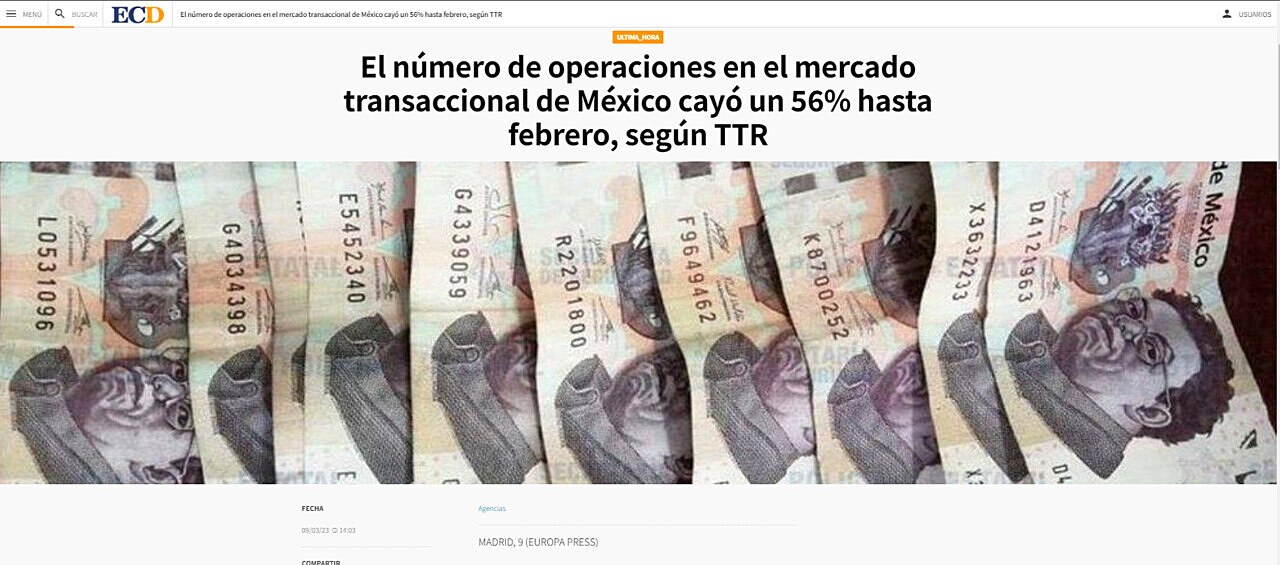 El nmero de operaciones en el mercado transaccional de Mxico cay un 56% hasta febrero, segn TTR